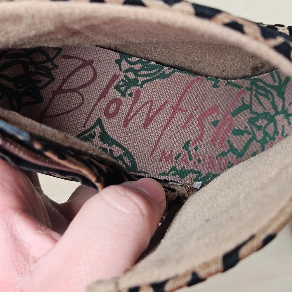 Blowfish‎ Malibu Wedge Ankle Boots Women 7.5 Brown Leopard Print B138 Zip Up